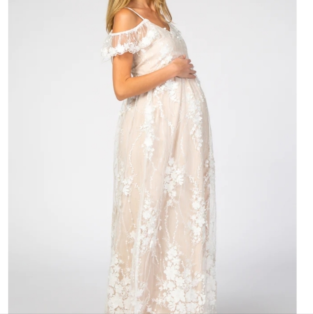 NWT Ivory Floral Embroidered Mesh Maternity Evening Gown